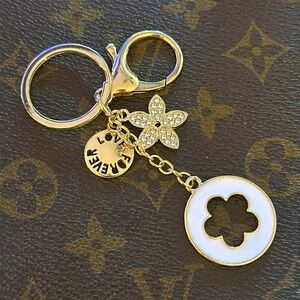 Keychain with Bag Charms in Gold Tone with Clear Rhinestones and Lacquer Charms